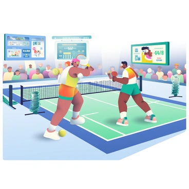 A futuristic tennis court is set in a sleek, high-tech arena with illuminated lines and a glossy surface. Advanced technology is integrated into the environment, including digital scoreboards that display statistics and player data in real-time. Two players, one with dark skin and the other with light skin, are in action on the court, both wearing streamlined athletic gear embedded with smart technology. The player on the left holds a racket that features glowing edges and a digital interface, while the player on the right is wearing augmented reality goggles that provide tactical information. Surrounding the court, there are robotic ball machines ready to serve, and holographic displays showcase real-time replays of the match. The atmosphere is vibrant, with a crowd of enthusiastic spectators in the background.