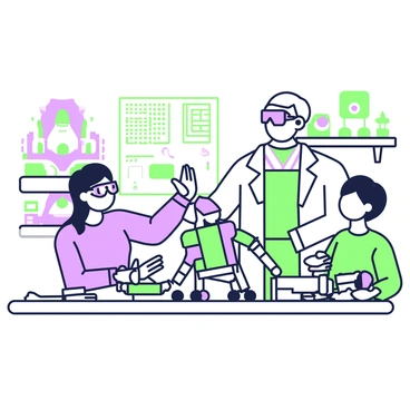 A teacher is demonstrating how to assemble a robot in a robotics workshop. The teacher is wearing safety goggles and a lab coat, standing beside a workbench filled with various robot parts, such as metallic legs, wheels, and a main body. A student, sitting at the workbench, is attentively watching and taking notes. The workshop is equipped with shelves of tools and equipment, and various completed robots are displayed in the background. The teacher is pointing to a detailed instruction manual laid out on the workbench.