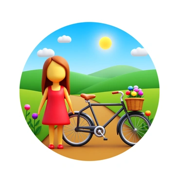 A girl with long brown hair wearing a bright red dress is standing next to a vintage bicycle. The bicycle has a wicker basket attached to the front, filled with wildflowers. The scenic country path is lined with green grass and colorful wildflowers on either side. In the background, rolling hills stretch under a clear blue sky, with fluffy white clouds floating above. The sun casts a warm light, creating a cheerful atmosphere.