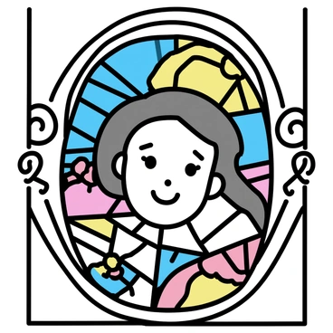 A face depicted within a stained glass window, featuring a variety of vibrant colors. The face is smiling, with intricate details in the eyes and lips, surrounded by geometric patterns and floral designs in the glass. Light filters through, casting colorful reflections on the surrounding surfaces. Each section of the glass showcases different hues, including deep blues, bright yellows, and rich reds, contributing to the overall brightness of the image. The frame of the window is ornate, with dark, elegant outlines complementing the vivid colors inside.