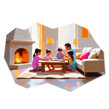 An inviting living room featuring a large, plush sofa upholstered in a warm, neutral fabric. The sofa is adorned with several colorful throw pillows. A traditional fireplace with a stone mantel is situated against one wall, with a gentle fire flickering inside. The room is filled with soft, ambient light coming from a couple of table lamps with decorative shades. In the center of the room, a family of four, including two adults and two children, are gathered around a wooden coffee table, engaged in a lively board game. The children are smiling and leaning forward in excitement, while the adults are laughing and sharing in the fun. A cozy rug lies beneath the table, adding to the warmth of the space.