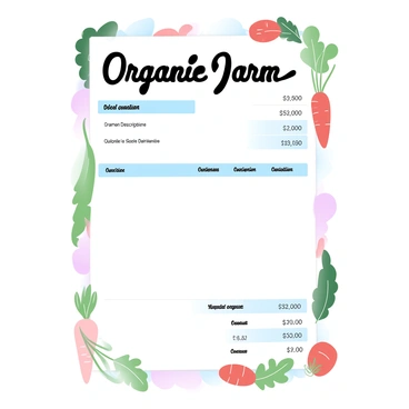 An invoice is prominently displayed with a border made of hand-drawn vegetables. The vegetables include carrots, tomatoes, and leafy greens, all illustrated in a detailed manner. The main body of the invoice has clear, labeled sections for the item descriptions, quantities, and prices. The background features a light gradient of pastel colors, enhancing the organic theme of the farm delivery. At the top of the invoice, the words "Organic Farm Delivery Invoice" are written in a decorative font, blending seamlessly with the vegetable border.