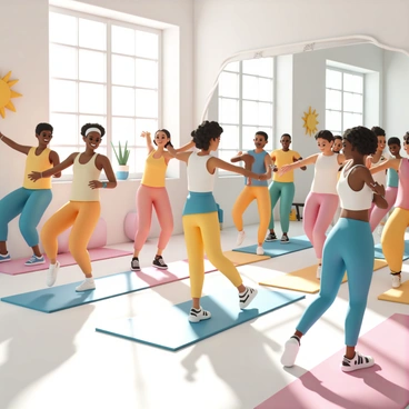 A group of diverse individuals participating in a Zumba class, wearing colorful outfits. The participants include men and women of different ages and ethnicities, with some in vibrant tank tops and others in bright leggings. They are energetically moving to the rhythm, with smiles on their faces as they follow an instructor at the front. The studio has large mirrors reflecting their movements, and there are colorful decorations on the walls. Bright sunlight streams in through the windows, enhancing the lively atmosphere of the class. Various fitness equipment, such as yoga mats and water bottles, can be seen around the studio.