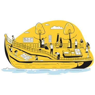 A large historical barge is floating gently on the water, with its wooden structure prominently displayed. The barge features intricately designed railings and weathered wooden planks, showcasing its age. On the deck of the barge, there are various exhibits about river navigation, including a large compass, old maps spread across tables, and a life-sized model of a steamboat. Visitors can be seen exploring the exhibits, with some reading information panels while others take photographs. In the background, there are gentle ripples on the water surface and a few trees lining the riverbank, creating a peaceful atmosphere.