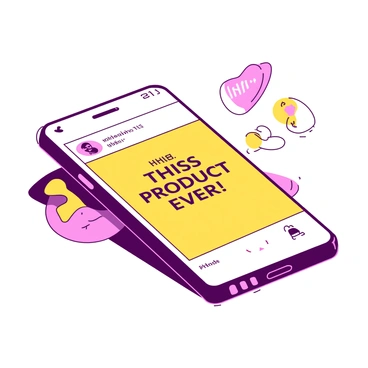 A yellow smartphone is lying on a flat surface, displaying a vibrant social media post in the center of its screen. The post features a glowing testimonial in bold, clear text that reads "This is the best product ever!" Surrounding the smartphone are playful graphics, including colorful icons and illustrations that represent likes, shares, and comments. The icons are in various sizes, adding a dynamic feel to the composition. The background is softly blurred to emphasize the phone and its content while retaining the cheerful atmosphere created by the surrounding fun graphics.