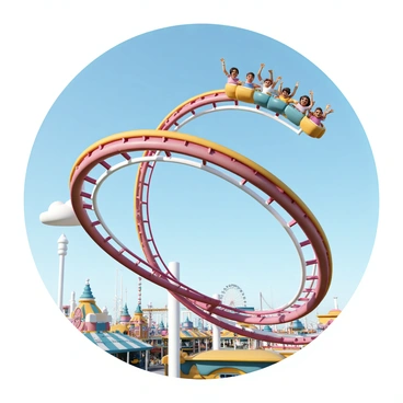 A vibrant roller coaster, painted in bright red and yellow, twisting dramatically as it ascends. The tracks form a loop, with metal beams visible against a clear blue sky. At the peak of the loop, a group of excited passengers, wearing colorful clothing, with their hands raised in the air, are caught in a moment of thrill. Their expressions show a mix of exhilaration and joy. Below, the amusement park is bustling with activity, featuring colorful stalls and various rides in the background.