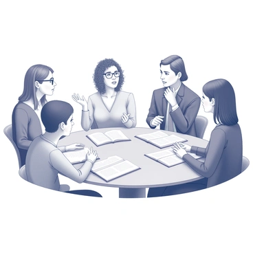 A group of five individuals, consisting of three women and two men, are seated around a circular table. Each person has a book open in front of them. One woman with glasses is animatedly gesturing with her right hand as she shares her thoughts. The second woman, with curly hair, is leaning forward with an interested expression, while the man next to her, wearing a shirt and tie, is nodding in agreement. The other man is casually resting his chin on his hand, listening intently. The final woman, with straight hair, is flipping through the pages of her book, preparing to contribute. The setting is warmly lit, emphasizing their engaged facial expressions.