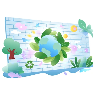 A large graffiti mural covers a brick wall, filled with bold, vibrant colors. The mural features images of trees, flowers, and wildlife, symbolizing the beauty of nature. There are recycling symbols intertwined with various plants and animals, showcasing the importance of conservation. Bright rays of sunshine stream down from a corner of the mural, illuminating the scenes below. A large globe, surrounded by green leaves, is prominently displayed in the center, representing the Earth. Various shades of blue, green, and yellow create a dynamic background, enhancing the overall theme of environmental awareness.
