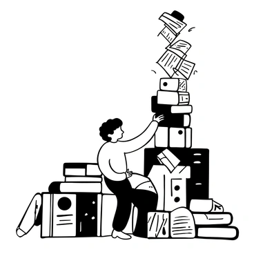 A child crouching on the floor, focused on stacking books on top of each other to create a tall tower. The child is surrounded by a disorganized pile of books. Some of the books are open, revealing pages with text and images. The scene captures a sense of playfulness, as some books are slightly tilted in the air, suggesting movement. The entire composition emphasizes the child's interaction with the books and the surrounding environment.