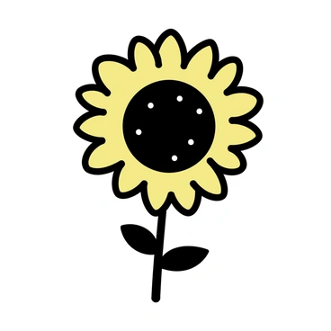 A sunflower, characterized by a bold black outline, stands prominently in the center. The petals are depicted with a single touch of yellow, adding a bright contrast to the outline. The flower's round center is dark and textured, emphasizing the simplicity of the composition. The background is left minimalistic, allowing the sunflower to be the focal point.