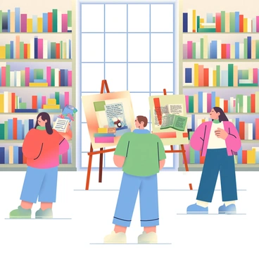 An art gallery is located within a spacious library, filled with shelves lined with books of various sizes and colors. The gallery features several book-inspired artworks displayed on easels and hanging on the walls. One piece is a large canvas painting depicting a whimsical interpretation of a famous novel, while another artwork is a sculpture made from folded book pages. Soft lighting illuminates the gallery area, creating a cozy atmosphere. Visitors are seen admiring the artworks, with some taking notes in their notepads. A large window allows natural light to stream in, framing the artworks beautifully against the library's wooden interior.