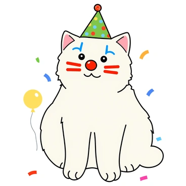 A fluffy white cat sitting upright, with its face painted to resemble a colorful birthday clown. The paint features bright red and blue stripes across its cheeks and a big red nose. The cat's eyes are wide and playful, with sparkly glitter around them. A small party hat, covered in colorful polka dots, is perched atop its head. The background includes a scattering of colorful balloons and a few confetti pieces that add to the festive atmosphere.