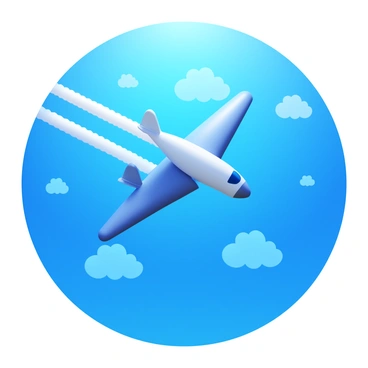 An aircraft soaring through a clear blue sky. The aircraft is depicted in mid-flight, with its wings outstretched. It leaves a white trail of vapor in its wake, stretching across the sky. The sunlight reflects off the aircraft, creating highlights on its surface. The clouds are scattered in the background, adding depth to the scene.