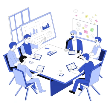A group of young entrepreneurs is gathered around a sleek conference table in a modern office. They are engaged in an animated discussion, with some members leaning forward and others taking notes on digital tablets. Various digital devices are scattered across the table, including laptops, smartphones, and a large screen displaying graphs and diagrams. The office has large windows, allowing natural light to flood the space, highlighting the contemporary furniture and minimalist decor. One entrepreneur is pointing at the screen, while another is typing on a laptop, capturing ideas. A whiteboard in the background is filled with colorful post-it notes and sketches, reflecting the collaborative atmosphere.