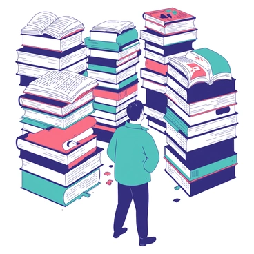 A person is standing in a maze formed by towering stacks of giant books. The books are opened, displaying colorful pages with text and illustrations on them. The person, dressed in a teal jacket, is looking up thoughtfully, their brow furrowed as they consider the path ahead. The surrounding books are in various sizes, some taller than the person, creating a sense of wonder and curiosity. The ground is covered with a soft white carpet, and a few scattered bookmarks can be seen on the floor, adding to the maze's atmosphere.