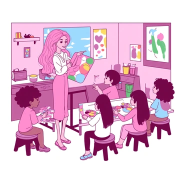 A pink Barbie doll is standing in front of a classroom filled with children engaged in art activities. She is smiling and holding a palette with various colors in one hand, while pointing to a large canvas that displays vibrant colors. Around her, several children of different ethnicities are sitting on small stools, each focused on their own creations. One child is painting with a bright blue brush, while another is mixing yellow and red paint on their own palette. The room is decorated with colorful art supplies, and the walls are adorned with the children's colorful masterpieces hung proudly.