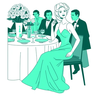 A teal figure resembling "Marilyn Monroe" is seated at a lavishly set dinner table. She is wearing a glamorous, floor-length gown adorned with sequins that catch the light. The table is draped in an elegant white tablecloth and is set with fine china and sparkling crystal glassware. Soft, ambient lighting highlights the sophisticated decor, which includes arrangements of "white roses" in ornate vases. Behind her, there are guests engaged in conversation, dressed in formal attire, creating an atmosphere of elegance and refinement. "Marilyn" is smiling gracefully, holding a delicate wine glass in her right hand.