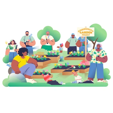 A diverse group of people is gathered in a communal space, working together to build a garden. There are several individuals with different skin tones and styles, including a woman with curly black hair wearing a bright yellow shirt, a man with a beard dressed in a green t-shirt, and an elderly woman with gray hair in a floral dress. They are holding various gardening tools such as shovels, rakes, and watering cans. 

Some community members are digging in the soil while others are planting colorful flower seedlings in neat rows. A young child is watering the plants with a small, red watering can. In the background, there are wooden raised garden beds being constructed, with piles of soil and bags of mulch nearby. Bright green grass is covering the ground, and a few trees provide shade in the area. A "Community Garden Project" sign is prominently displayed on a wooden stake at the edge of the garden space.