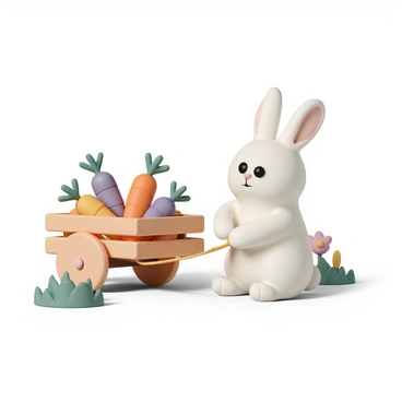A fluffy white bunny with large ears is pulling a small wooden cart. The cart is filled with an assortment of colorful carrots, including orange, purple, and yellow varieties, all neatly arranged. The bunny looks determined as it tugs on the cart's rope, with its nose twitching. The background features green grass, and a few flowers bloom around the scene, adding a touch of color to the environment. The sun casts a warm glow, highlighting the vibrant colors of the carrots and the softness of the bunny's fur.