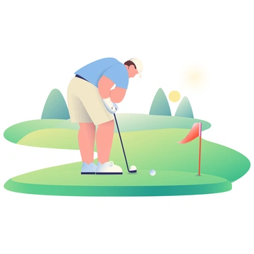 A golfer with light skin and short brown hair is bending over to line up a putt on a pristine green. He is wearing a white cap, a light blue shirt, and beige shorts. The golf ball is positioned in front of him on the well-manicured grass. In the background, a red and white flag is placed in the hole, gently waving in the breeze. The sun casts soft shadows on the green, highlighting the texture of the grass. There are a few trees in the distance, framing the scene.