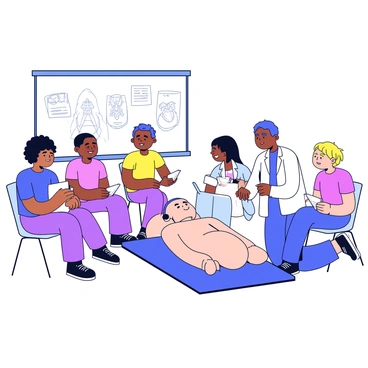 A health instructor is demonstrating CPR techniques on a medical training dummy. The dummy is positioned on a blue padded mat. The instructor is crouched beside the dummy, wearing a white lab coat and blue scrubs. The group of students is seated in a semicircle around the instructor, attentively watching. Each student is wearing a colored t-shirt and has a notepad in front of them. The classroom has bright lighting and a whiteboard in the background with health-related diagrams.