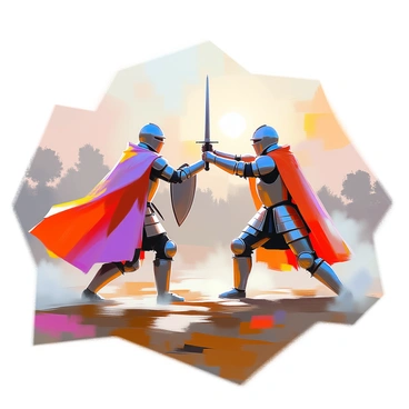 Two knights in shining armor are engaged in a duel on a misty battleground at dawn. One knight, wearing a blue tunic, raises his sword high, ready to strike, while the other, dressed in a red cloak, holds a shield in front of him, poised for defense. The mist swirls around their feet, partially obscuring the ground, and the first light of dawn casts a soft glow over the scene. In the background, shadowy silhouettes of trees and distant hills hint at the battlefield's expanse, creating an atmosphere of tension and anticipation.