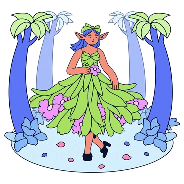 An elegant elf stands in an enchanted forest. The elf wears a beautiful dress crafted from vibrant green leaves and colorful flowers. The dress flows gracefully to the ground, intertwining with the natural elements around her. The elf has delicate, pointed ears and a serene expression. Sunlight filters through the dense canopy, illuminating the scene and casting soft shadows on the forest floor, which is covered in soft moss and scattered petals.