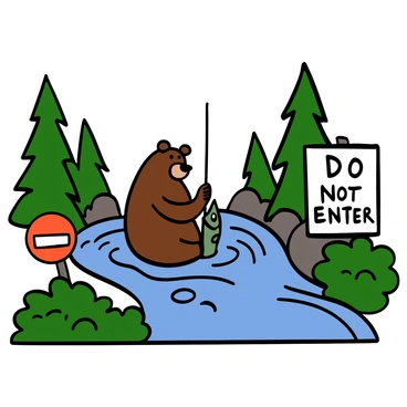 A bear calmly fishing in a river despite signs warning not to enter