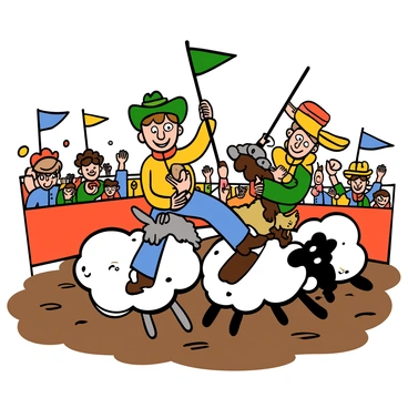A group of young children with light skin and big eyes is participating in a sheep riding event at a rodeo. The children are wearing brightly colored cowboy hats and shirts, radiating excitement. One child is gripping tightly onto a fluffy white sheep, smiling widely, while another child is getting ready to mount a sheep with a determined expression. The background displays a lively rodeo scene with spectators cheering and colorful flags waving in the air. Dust is being kicked up from the ground as the sheep trot around the arena, adding to the energetic atmosphere of the event.