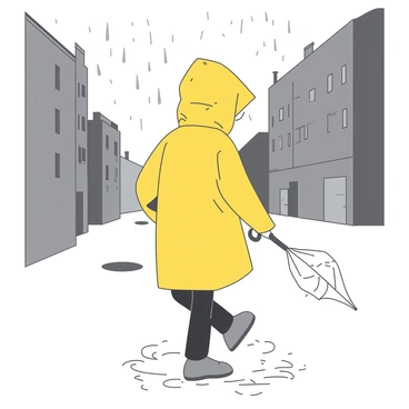 A boy wearing a yellow raincoat is walking slowly down a white, deserted street. Raindrops are falling from the gray sky, creating ripples on small puddles forming on the pavement. The street is lined with dark shadows of empty buildings, and the boy's yellow raincoat stands out brightly against the muted background. His shoes splish-splash in the water as he takes each step, with the hood of the raincoat pulled up to shield his face from the rain. In his right hand, he holds a small, white umbrella that is slightly tilted to one side.