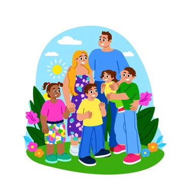 A cartoon-style family portrait featuring five family members standing together in a lush garden. The family includes a father with short brown hair wearing a blue t-shirt and jeans, a mother with long blonde hair in a floral dress, and three children: an older sister with pigtails in a pink shirt, a younger brother with curly hair in a green t-shirt, and a baby in a light yellow onesie being held by the mother. Colorful flowers and vibrant green grass surround them, with a bright sunny sky overhead. Each family member is smiling and looking towards the viewer.