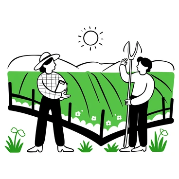 A journalist holding a notepad and a pen stands next to a local farmer wearing a straw hat and a checkered shirt. The farmer is holding a pitchfork and gesturing toward rows of crops in the green field. The sun is shining brightly, casting distinct shadows on the ground. There are patches of wildflowers scattered throughout the field, and a rustic wooden fence runs along the side of the field. In the background, there are distant hills with a clear sky above.