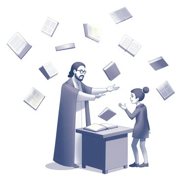 A mystical librarian stands at a wooden reading table. The librarian has long, flowing robes and spectacles perched on their nose. Surrounding them are numerous books floating in the air, each one hovering independently. Each book emits a soft glow, hinting at the different stories within. The librarian gestures toward one of the glowing books, guiding a curious reader who stands nearby, looking intrigued. The atmosphere is filled with a sense of wonder as the scene is illuminated by the gentle light of the floating books.