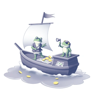 A small wooden ship is sailing across the water, with waves gently lapping against its hull. Onboard, a frog and a toad are dressed as pirates, each wearing bandanas and eye patches. The frog stands confidently at the helm, holding a makeshift pirate flag, while the toad is peering through a spyglass, searching the horizon for treasure. The ship is equipped with a small sail that flutters in the wind, and various treasure maps and gold coins are scattered on the deck. In the background, a distant island can be seen, hinting at hidden riches waiting to be discovered.