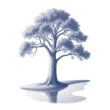 A large sequoia tree stands majestically beside a pond. The tree's detailed bark texture and expansive branches create a dramatic silhouette against the water. The still surface of the pond reflects the tree's towering form and intricate details. The setting sun casts light, highlighting the tree's features while creating a soft contrast with the water's surface. Gentle ripples may disturb the reflection slightly, emphasizing the tranquility of the moment.