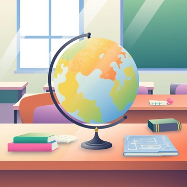A traditional globe with colorful continents is placed on a polished wooden desk. The globe features detailed topographical features and is mounted on a brass meridian. Surrounding the globe, there are scattered vintage books with worn covers, and a small stack of notebooks. In the background, classic wooden desks and a chalkboard are visible, enhancing the school classroom atmosphere. Sunlight streams through a nearby window, casting soft shadows across the desk and highlighting the globe's intricate details.