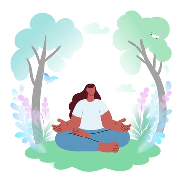 A person is sitting cross-legged on a bed of soft green moss in a lush forest. The individual is surrounded by tall trees with vibrant green leaves, and dappled sunlight filters through the branches, creating a pattern of light and shadow on the ground. In the background, delicate ferns and colorful wildflowers add to the tranquility of the scene. A gentle breeze stirs the leaves, and small birds can be seen perched on nearby branches. A peaceful atmosphere envelops the setting, emphasizing the connection between the individual and the natural surroundings.