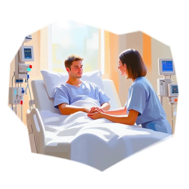 A male patient with short brown hair is resting in a recovery room after a vasectomy procedure. He is sitting up in a hospital bed, wearing a light blue hospital gown. Beside him, a partner with shoulder-length dark hair and wearing casual clothes is gently holding his hand. The room is equipped with medical equipment, including a heart monitor and IV drip. Soft natural light filters through a window, creating a calm atmosphere. The partner looks supportive and caring, gazing at the patient with concern and reassurance.