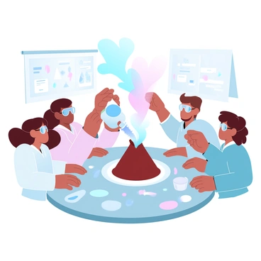 A group of students is gathered around a circular table, intently observing a small volcano eruption experiment. The table is cluttered with various materials, including baking soda, vinegar, and food coloring. One student is pouring the vinegar into the volcano structure made of clay, and colorful foam is erupting from the top, creating a vibrant scene. The students are wearing lab coats and safety goggles, and their hands are resting on the table as they lean in closer, excited by the activity. The background is filled with science posters and educational charts.