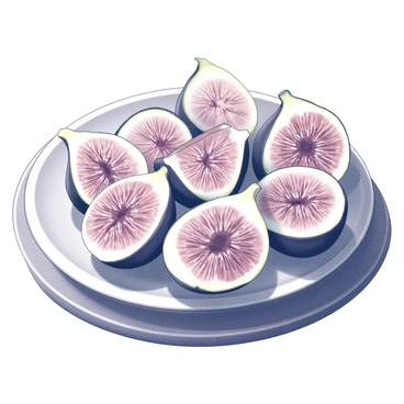 A ceramic plate with a smooth, glossy surface rests on a wooden table. The plate is filled with neatly sliced figs. The figs are arranged in a fan pattern, displaying their round shapes and textured surfaces. Each slice reveals the deep pink flesh and tiny seeds within. The arrangement is symmetrical, with the slices radiating outward from the center of the plate. The background features subtle hints of natural materials, adding to the earthy atmosphere of the scene.