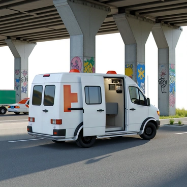 A white medical transport van with a red cross symbol on the side is parked beneath a busy highway overpass. The vehicle has its side doors open, revealing medical equipment and supplies inside. Tall concrete pillars support the overpass, and they are covered in colorful graffiti, showcasing various tags and designs. Traffic is visible above, with cars and trucks passing by. The ground beneath the van is paved, with scattered debris and glimpses of grass peeking through the cracks. The scene is set during the day with clear visibility.