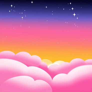 A vibrant sky showcasing a gradient of colors transitioning from bright orange and pink near the horizon to deep blue and indigo at the top. Fluffy clouds are scattered throughout the sky, illuminated by the fading sunlight. As the day gives way to night, small white stars start to emerge, twinkling gently against the dusky backdrop. The overall composition captures the beauty of this transition, with the colors blending seamlessly into one another.