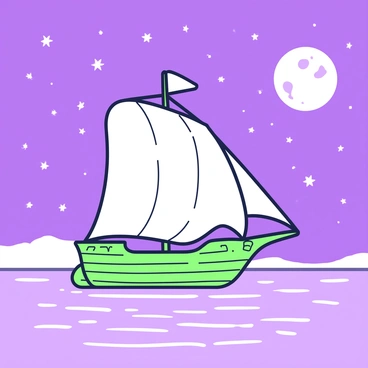 A wooden ship with billowing sails is sailing across a calm sea. The ship's hull is detailed with intricate carvings, and its sails are full, catching the wind. The night sky above is dotted with numerous stars, creating a sparkling canopy. The moon hangs prominently in the sky, casting a silver glow that reflects off the water's surface, creating ripples of light. In the background, a faint outline of distant land can be seen, enhancing the sense of adventure on this tranquil night.