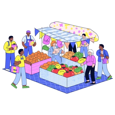 A lively farmers market bustling with energy. Stalls are filled with colorful fruits, such as red strawberries, yellow bananas, and green cucumbers. Beside the fruits, there are vibrant vegetables, including orange carrots and purple eggplants. Happy shoppers are exploring the market, some holding shopping bags while others interact with vendors. Bright banners decorate the stalls, adding to the cheerful atmosphere. The ground is covered with a checkered cloth pattern, enhancing the market vibe.