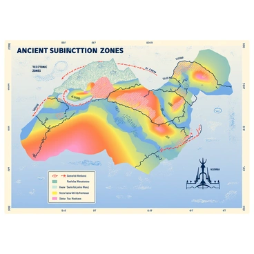 A historical map is displayed, showcasing ancient subduction zones with bold, colorful outlines. The tectonic plates are illustrated with distinct colors and patterns to differentiate each one. Arrows indicate the direction of plate movements, showing the interactions at the boundaries where the plates meet. Ancient geographical features, such as mountains and oceanic trenches, are marked with intricate detail to emphasize their connection to tectonic activity. The map's border is adorned with a legend that explains the symbols used, and the overall background has soft gradient tones that enhance the ancient feel of the illustration.