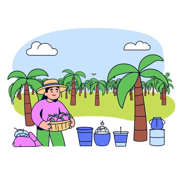 An illustration showing a palm oil plantation with green palm trees spreading across the land. In the foreground, a farmer is wearing a straw hat and holding a basket filled with ripe palm fruit. Next to the farmer, there are various eco-friendly practices visible, such as a small compost pile made of organic waste and a water conservation system using barrels to collect rainwater. In the background, a few birds are perched on the branches of the palm trees. The sky is clear with a few fluffy clouds.