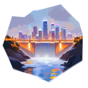 A city skyline at night with towering skyscrapers gleaming against the dark sky. The buildings are illuminated by bright lights, showcasing their architectural details. In the foreground, a large dam is visible, representing hydroelectric power with water flowing vigorously. The reflection of the light from the buildings shimmers on the surface of the water below. The scene conveys a sense of energy and modernity, as the city thrives through sustainable energy sources.