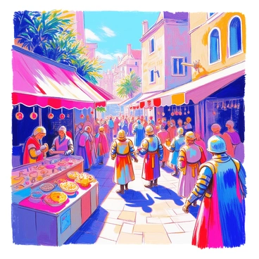 A bustling medieval market scene is filled with various vendors. Stalls are adorned with colorful fabrics displaying exotic goods such as spices, fruits, and handmade crafts. In the foreground, a vendor is passionately offering vibrant cloth rolls while another displays intricately designed pottery. Knights in shining armor walk through the crowd, their armor reflecting the sunlight. The market is alive with activity, as townsfolk exchange goods and share conversations, creating a lively atmosphere. Lush greenery and stone buildings surround the market area, enhancing the historic setting.