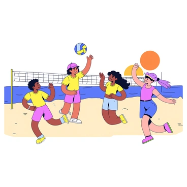 A group of four friends playing beach volleyball on the sand. The sun is setting on the horizon, casting a warm orange glow across the sky. Each friend has a distinct appearance; one has curly hair, another has a baseball cap, a third is wearing sunglasses, and the fourth has long flowing hair. They are all wearing colorful beach attire, and their faces show excitement and concentration as they jump to hit the ball. The volleyball is mid-air, with sand flying from their energetic movements. In the background, gentle waves lap against the shore.
