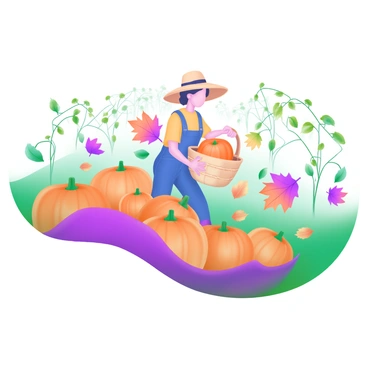 A farmer wearing a wide-brimmed hat and blue overalls is gathering the last pumpkins of the season in a vibrant field. The pumpkins are bright orange and varying in size, scattered across the ground. Surrounding the farmer are colorful fallen leaves in shades of red, yellow, and brown, creating a rich autumn scene. The farmer is carrying a basket filled with pumpkins, with one hand reaching down to pick another from the earth. In the background, there are rows of fading green leaves on the vines, hinting at the end of the harvest season.